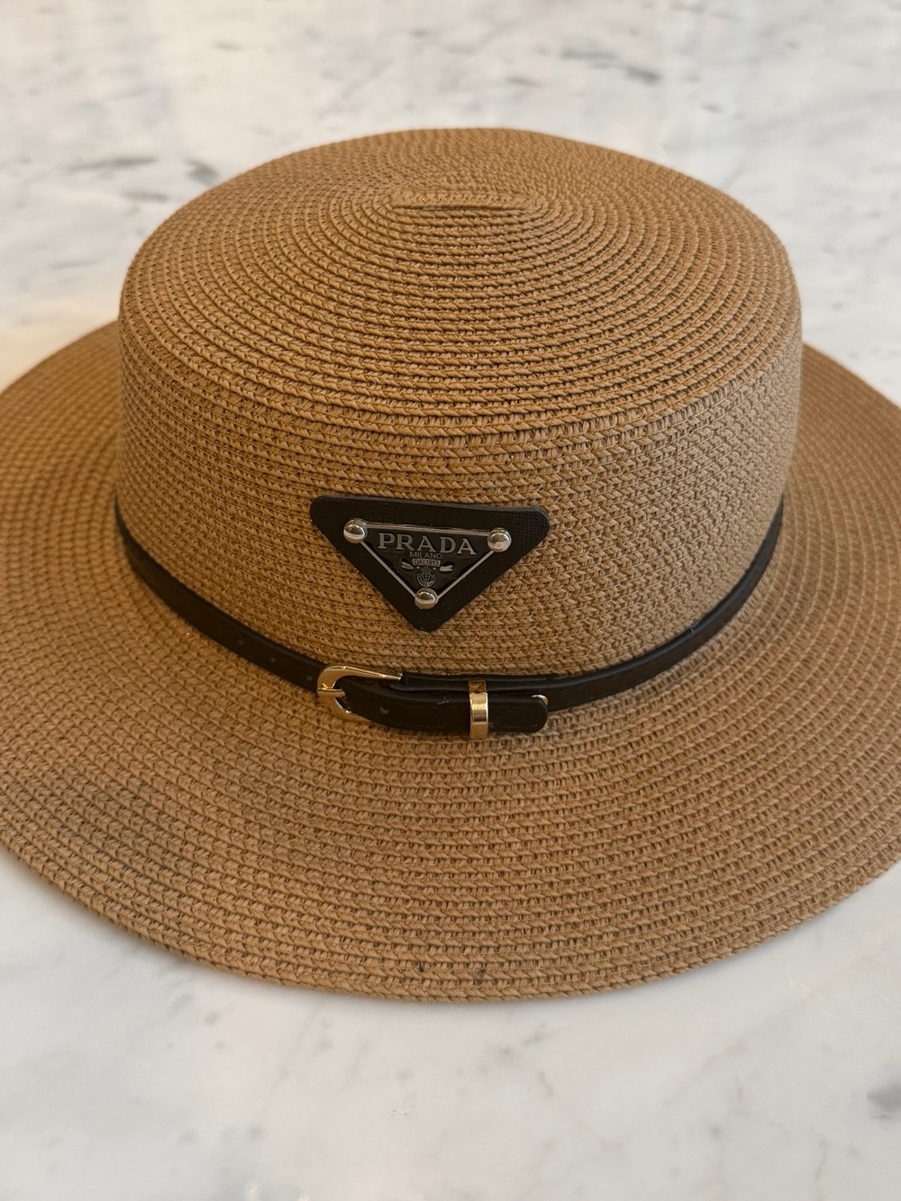 NotPrada Tan Straw Fedora with Black Trim and Logo Plaque - Picture 3 of 6